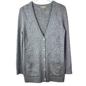 MICHAEL KORS 100% Cashmere Embroidered Knit Cardigan Sweater Gray MEDIUM